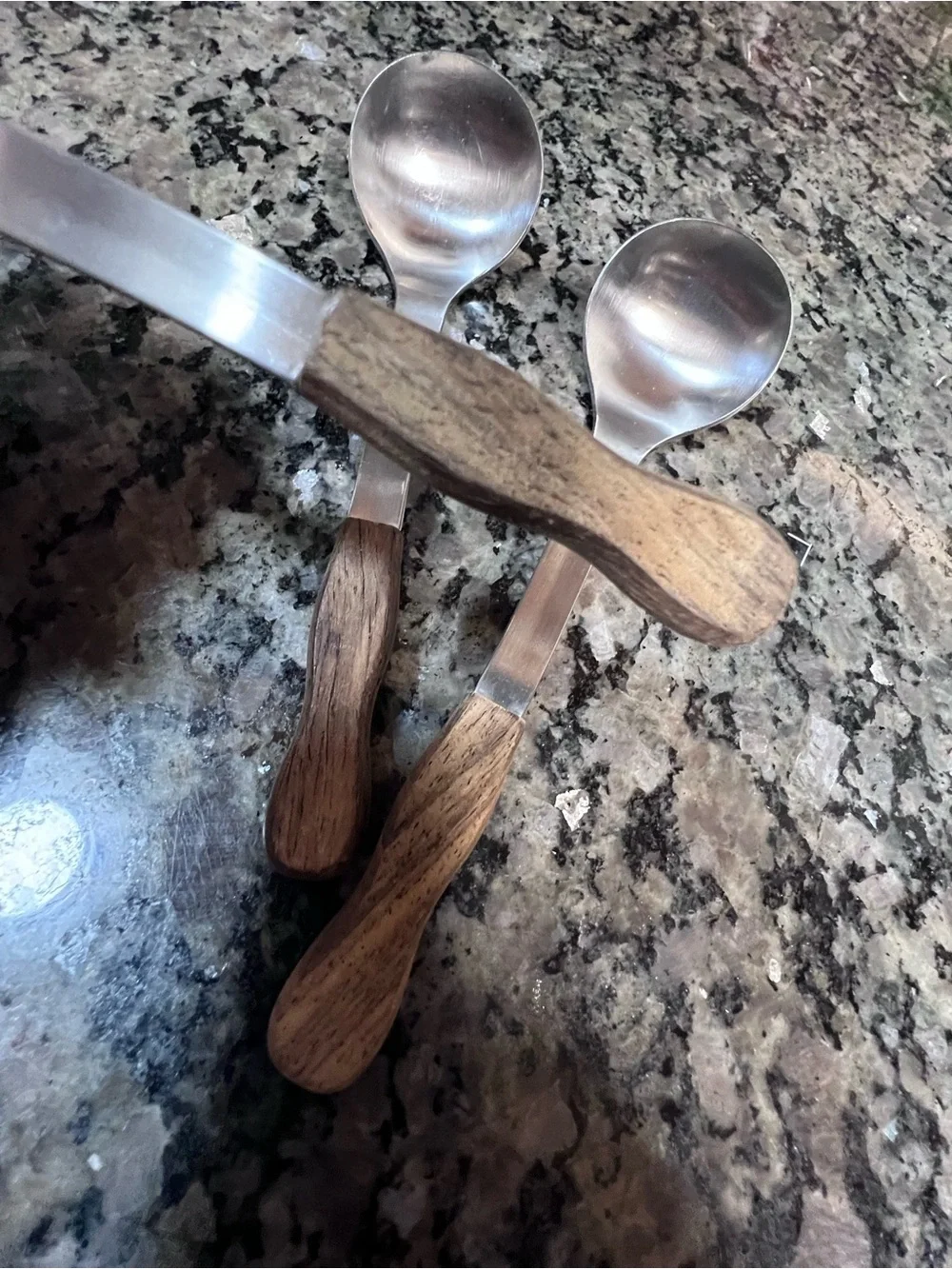 Vintage Stainless Steel mini Teaspoon Serving Spoons with Wooden Handles 3 pc